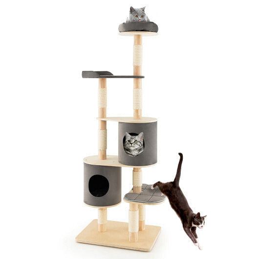 6-Tier Wooden Cat Tree with 2 Removeable Condos Platforms and Perch-Brown